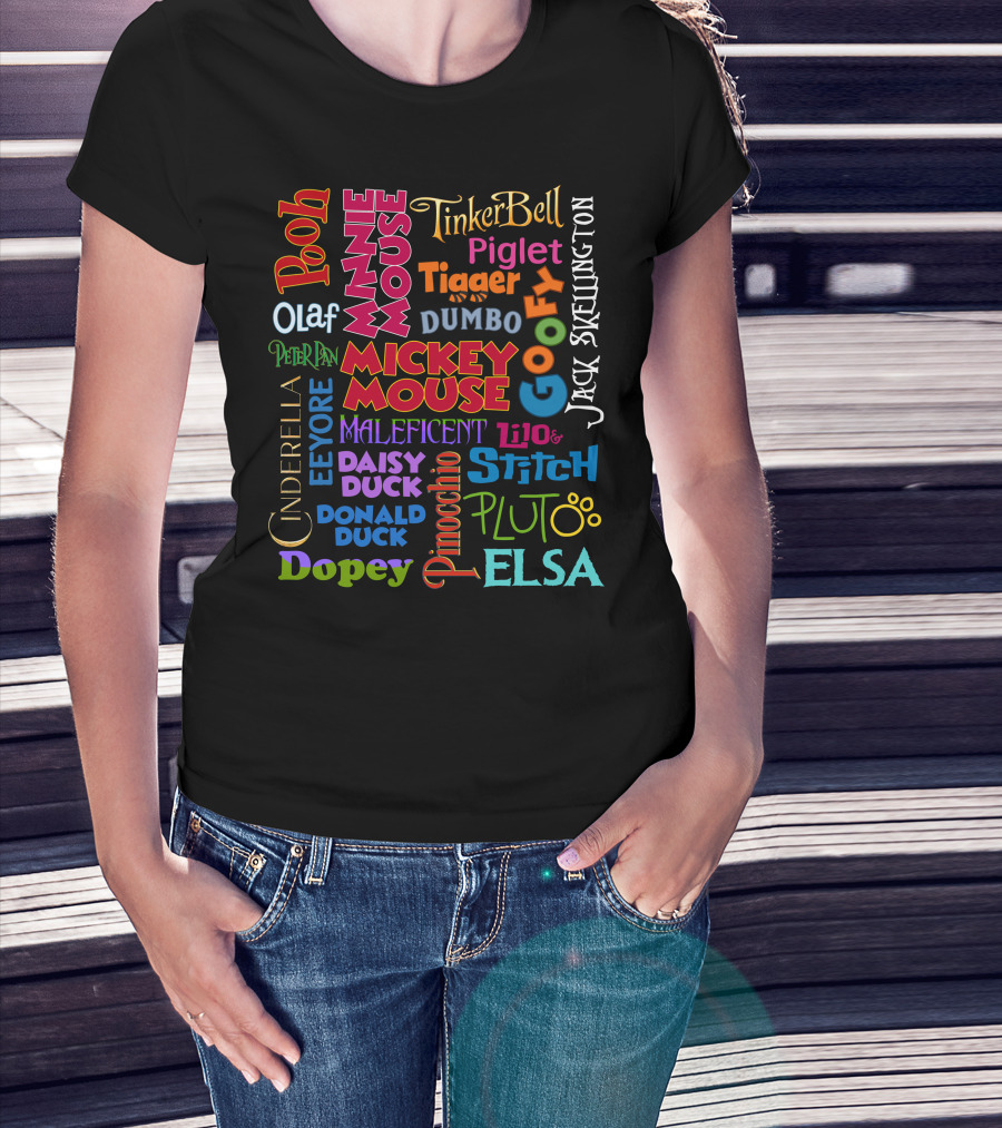 Mickey Minnie Daisy Donald Tinker Bell Elsa Olaf Goofy Lilo Stitch Dumbo Pooh Piglet Eeyore Tigger Cinderella Peter Pan Jack Skellington Maleficent Pinocchio Pluto Dopey T-Shirt