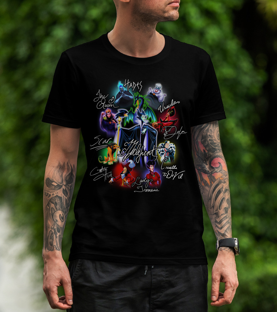 Disney Villains Maleficent Hades Ursula Cruella De Vil Scar Captain Hook Queen Jafar Lady Tremaine T-Shirt