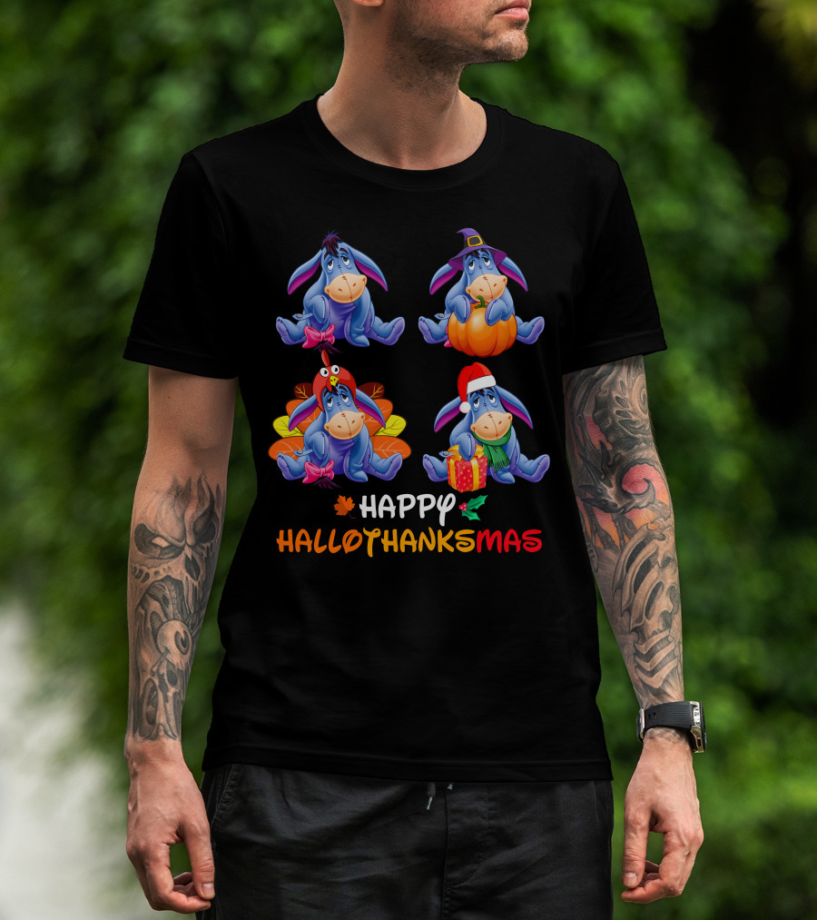 Ee Happy Hallothanksmas Eeyore With Pumpkin Turkey Hat Santa Hat T-Shirt