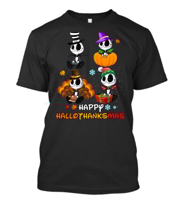 Happy Hallothanksmas Skeletons In Festive Hats Pumpkin Turkey Gift T-Shirt