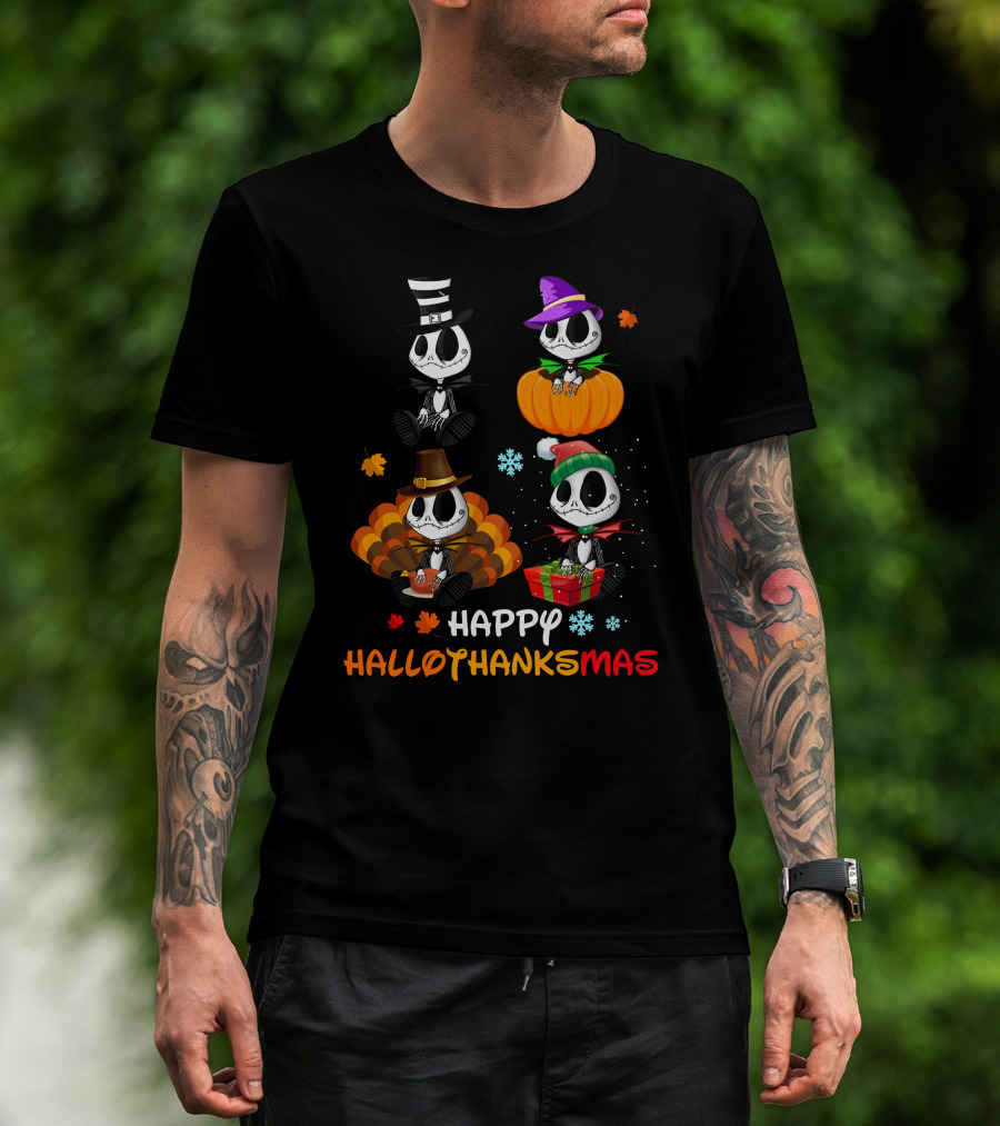 Happy Hallothanksmas Skeletons In Festive Hats Pumpkin Turkey Gift T-Shirt