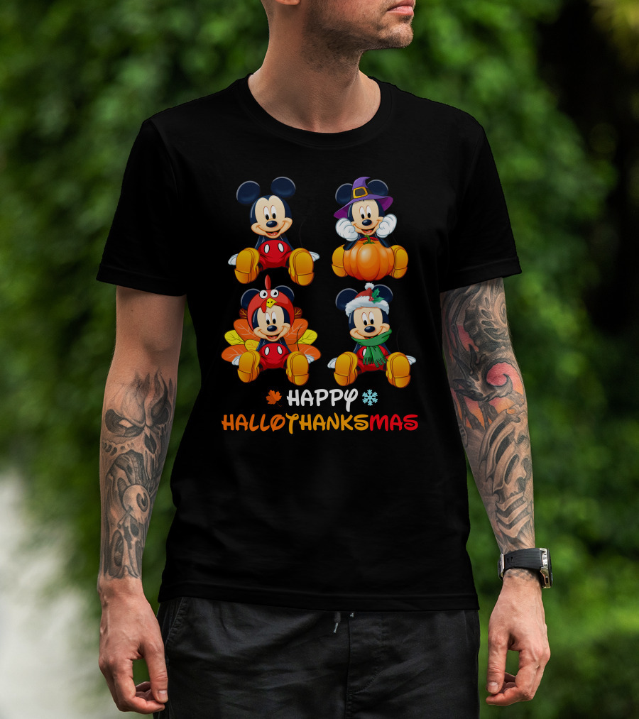Happy Hallothanksmas Mickey In Halloween Thanksgiving And Christmas Outfits T-Shirt