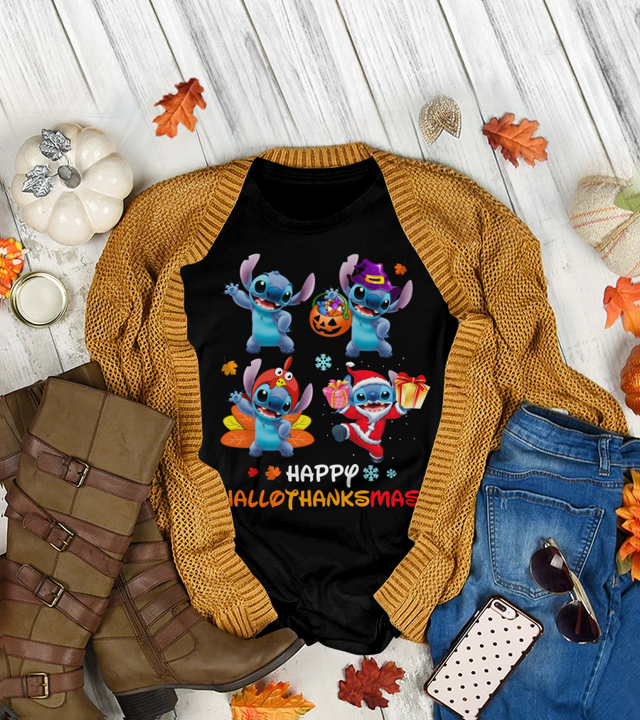 Happy Hallothanksmas Stitch Halloween Thanksgiving Christmas T-Shirt