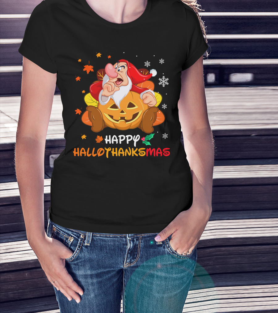 Happy Hallothanksmas Santa Dwarf With Pumpkin And Leaves T-Shirt
