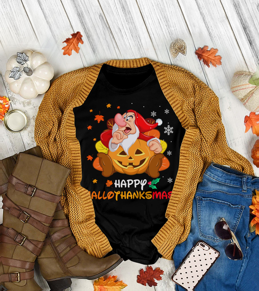 Happy Hallothanksmas Santa Dwarf With Pumpkin And Leaves T-Shirt