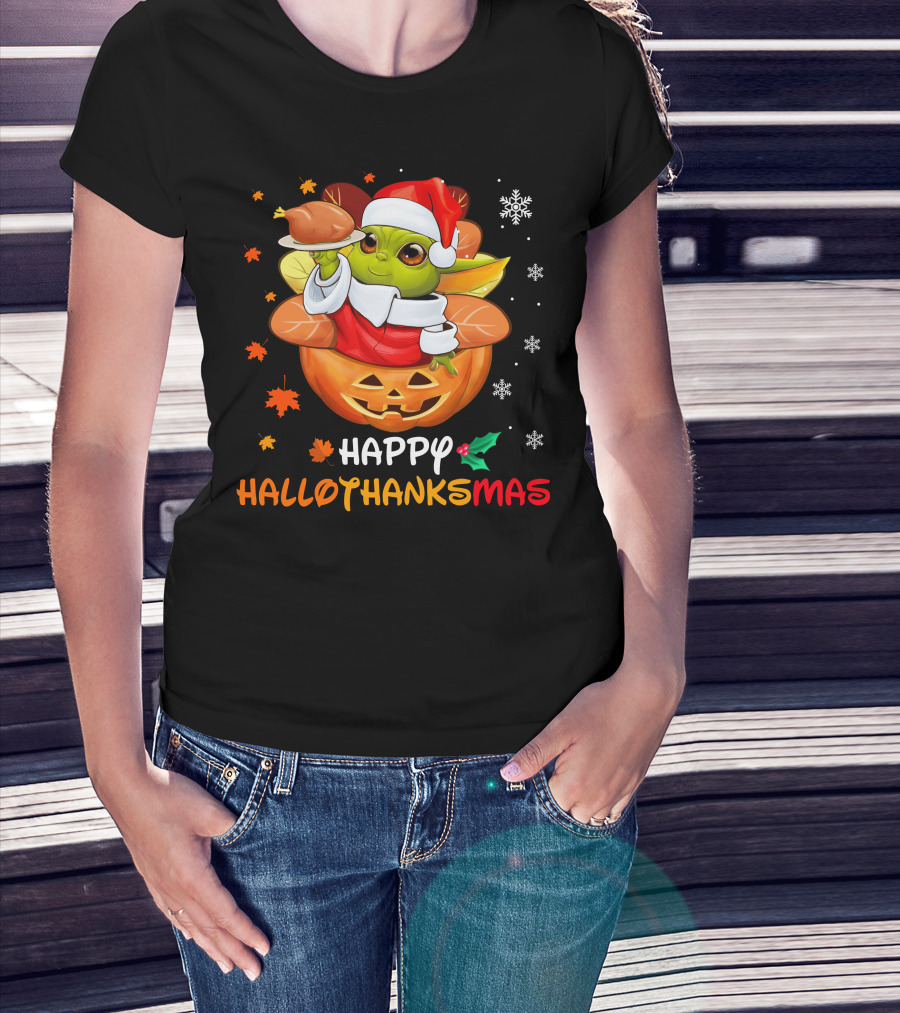 Happy Hallothanksmas Yd Santa Hat Pumpkin Turkey Snowflakes Leaves T-Shirt