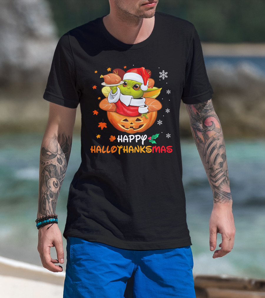Happy Hallothanksmas Yd Santa Hat Pumpkin Turkey Snowflakes Leaves T-Shirt