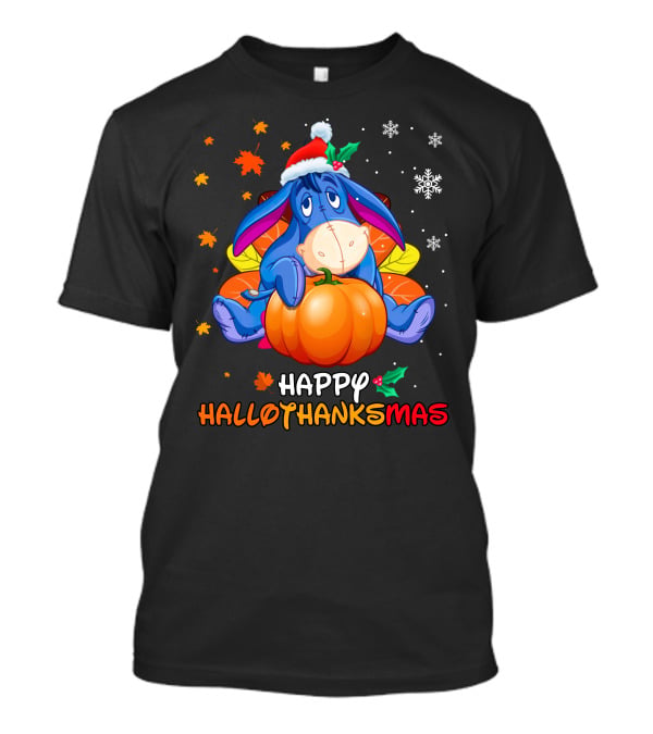 Happy Hallothanksmas Eeyore Pumpkin Santa Hat Snowflakes T-Shirt