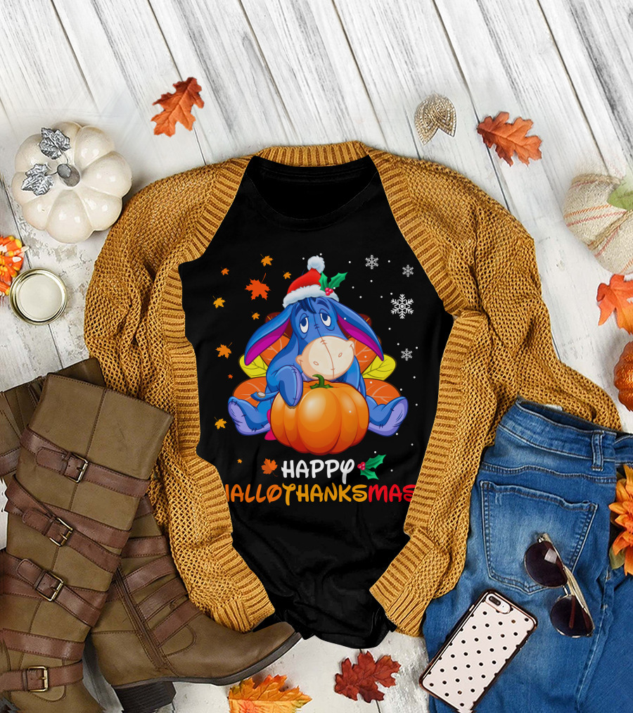 Happy Hallothanksmas Eeyore Pumpkin Santa Hat Snowflakes T-Shirt