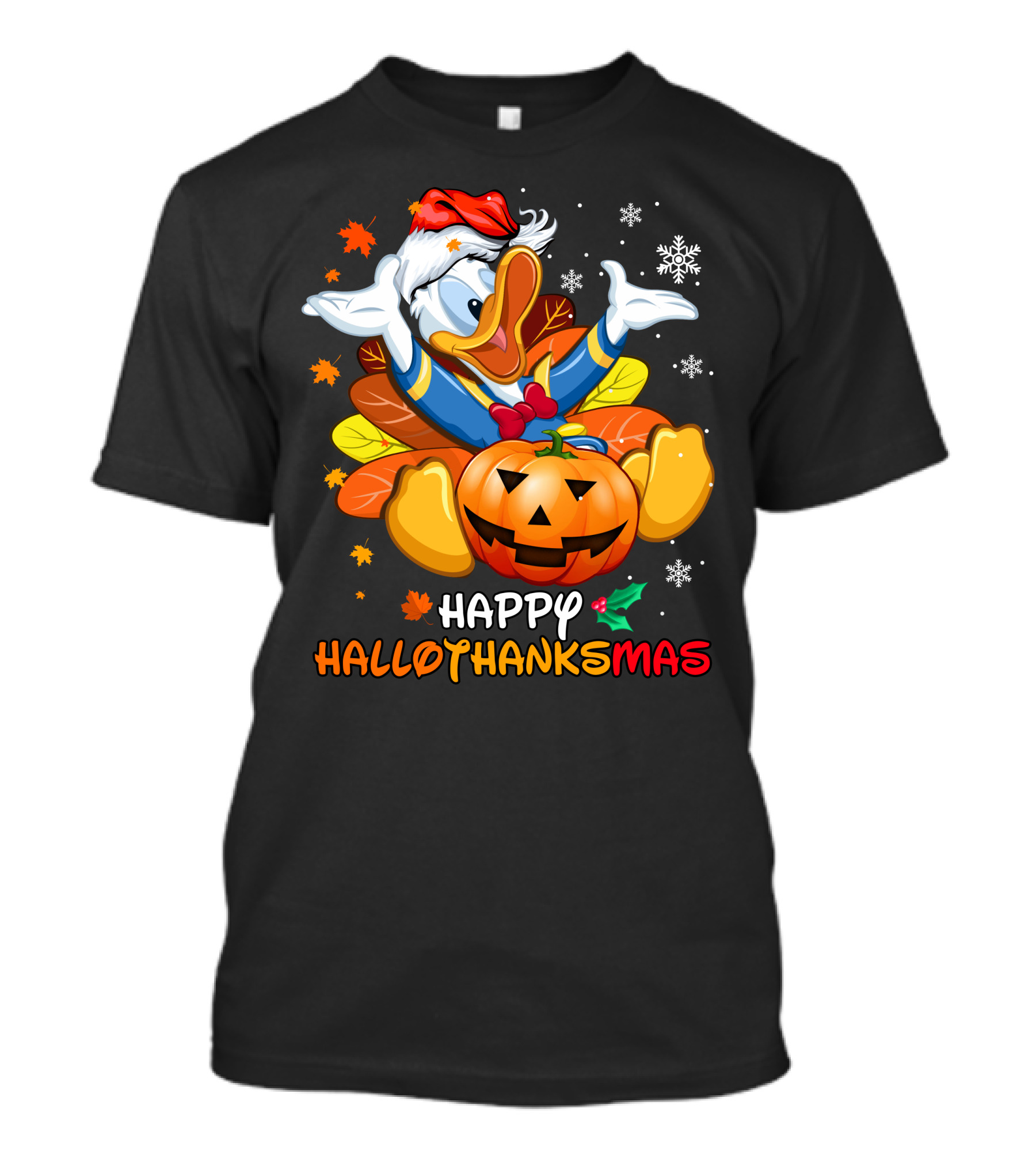 Happy Hallothanksmas Donald Duck Pumpkin Santa Hat Leaves Snowflakes T-Shirt