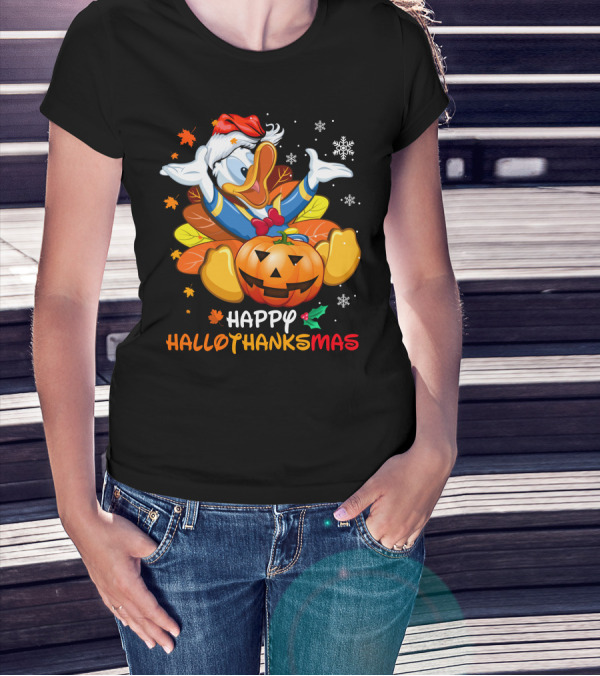 Happy Hallothanksmas Donald Duck Pumpkin Santa Hat Leaves Snowflakes T-Shirt