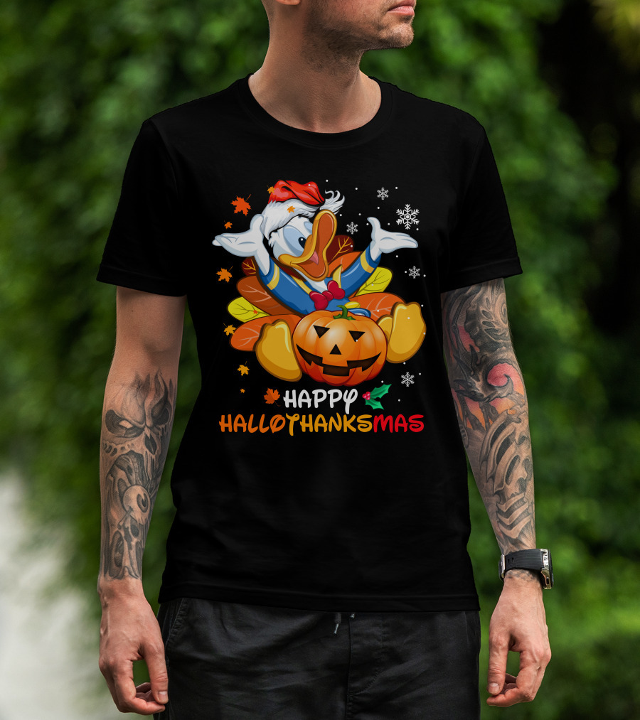 Happy Hallothanksmas Donald Duck Pumpkin Santa Hat Leaves Snowflakes T-Shirt