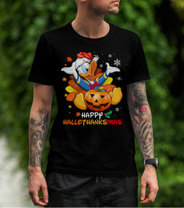 Happy Hallothanksmas Donald Duck Pumpkin Santa Hat Leaves Snowflakes T-Shirt