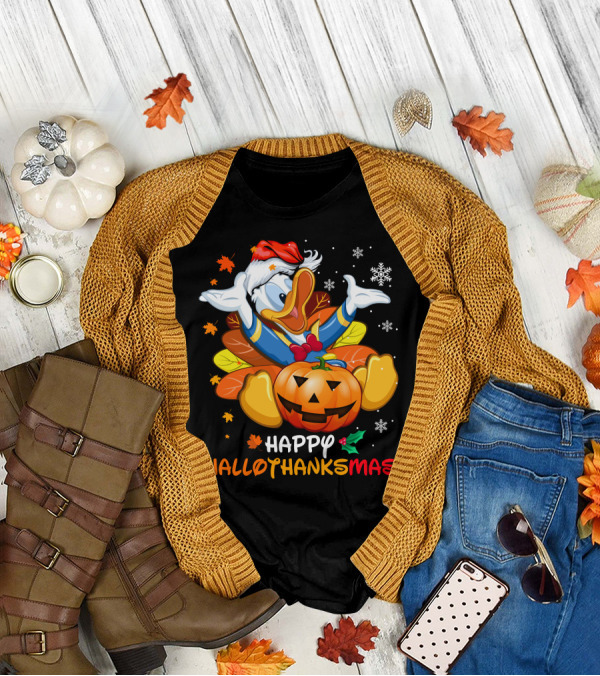 Happy Hallothanksmas Donald Duck Pumpkin Santa Hat Leaves Snowflakes T-Shirt