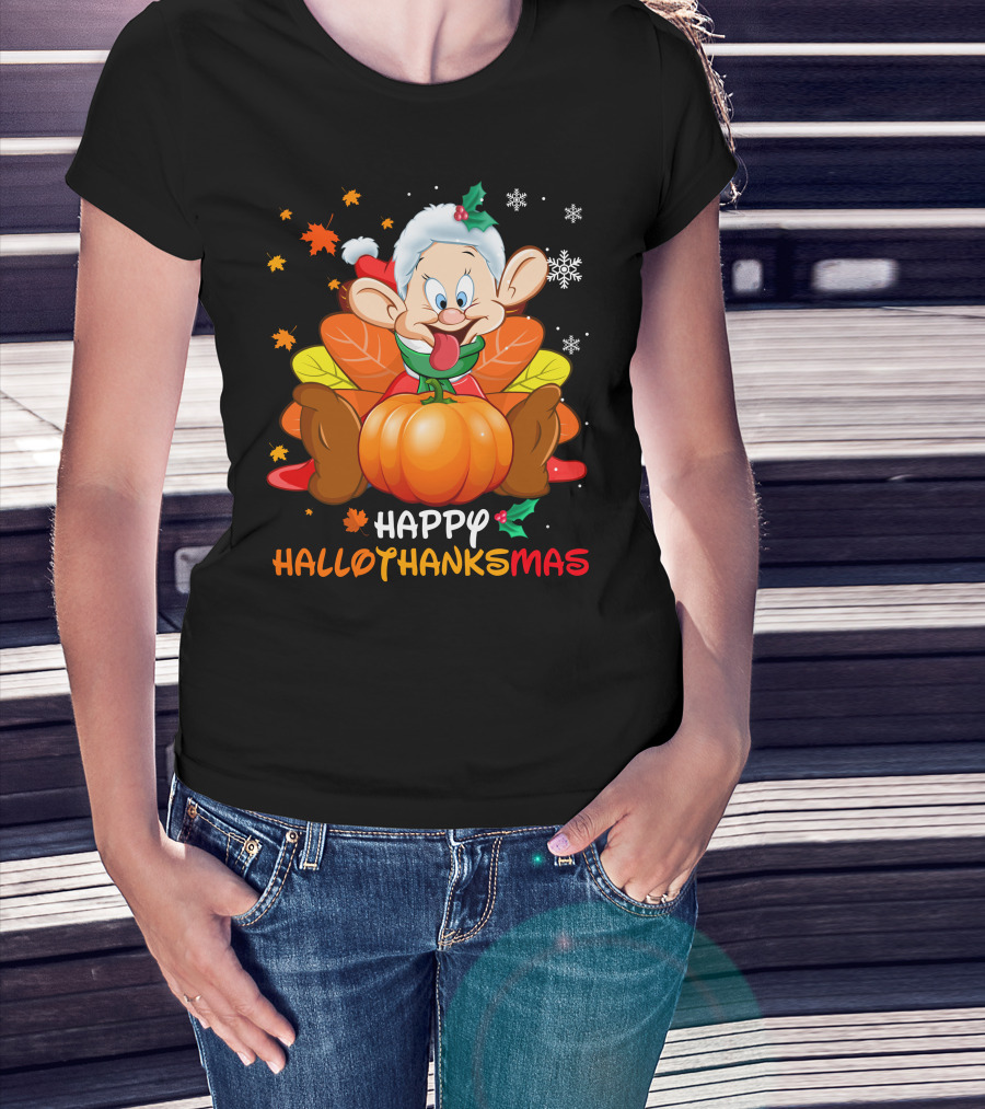 Happy Hallothanksmas Snow White Dwarf Thanksgiving Christmas Halloween T-Shirt