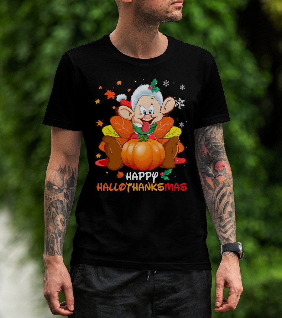 Happy Hallothanksmas Snow White Dwarf Thanksgiving Christmas Halloween T-Shirt