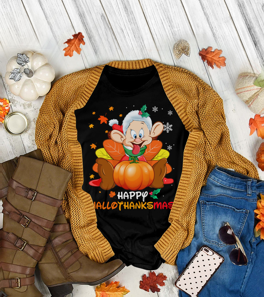 Happy Hallothanksmas Snow White Dwarf Thanksgiving Christmas Halloween T-Shirt