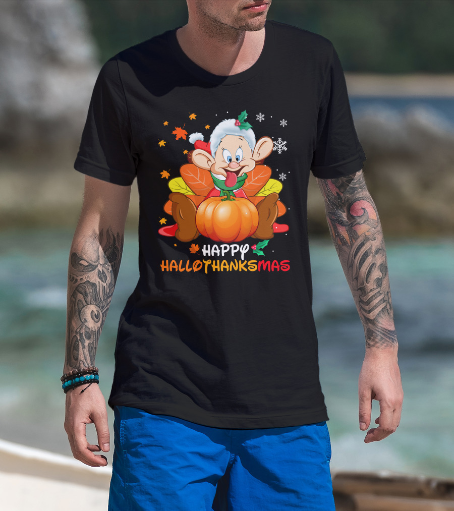 Happy Hallothanksmas Snow White Dwarf Thanksgiving Christmas Halloween T-Shirt