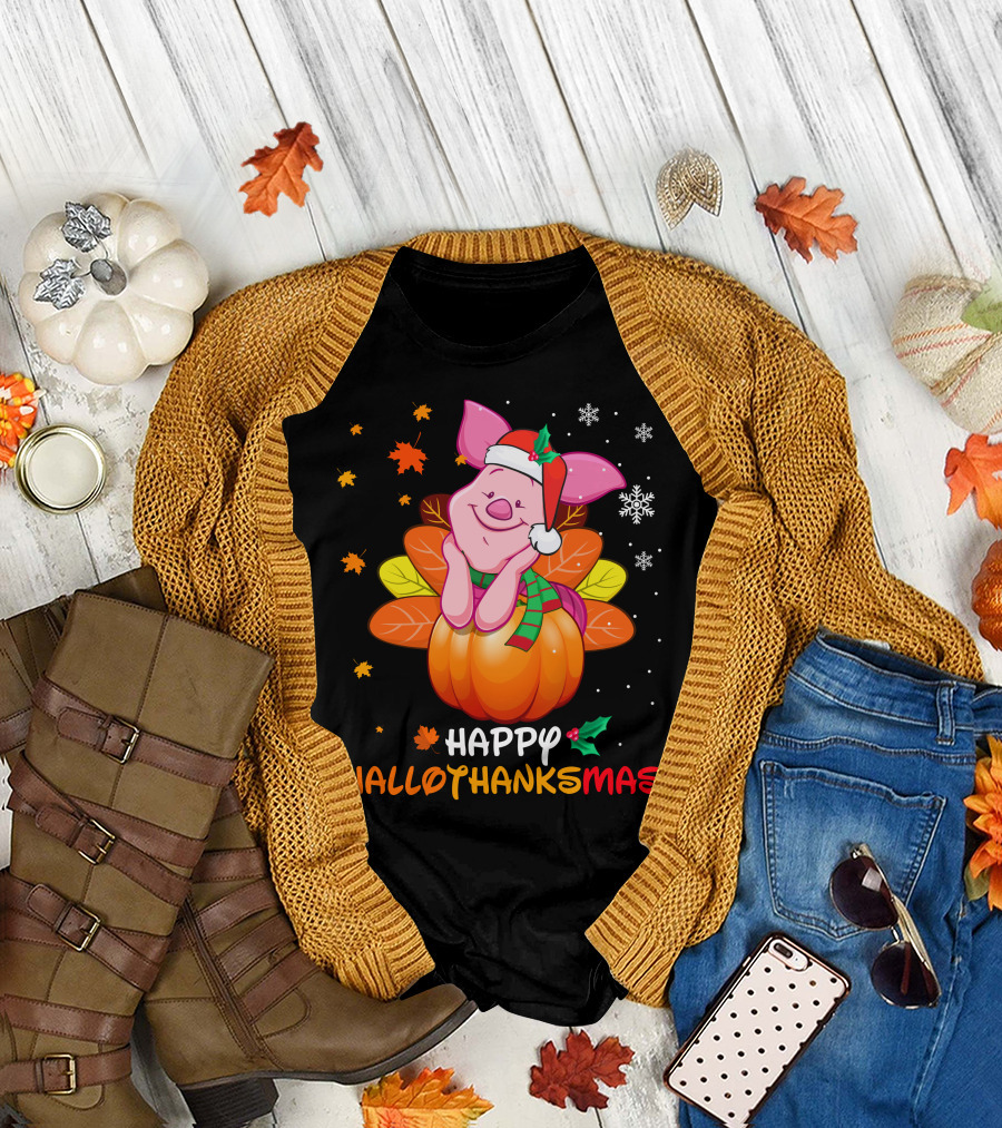 Happy Hallothanksmas Piglet In Pumpkin With Santa Hat And Scarf T-Shirt