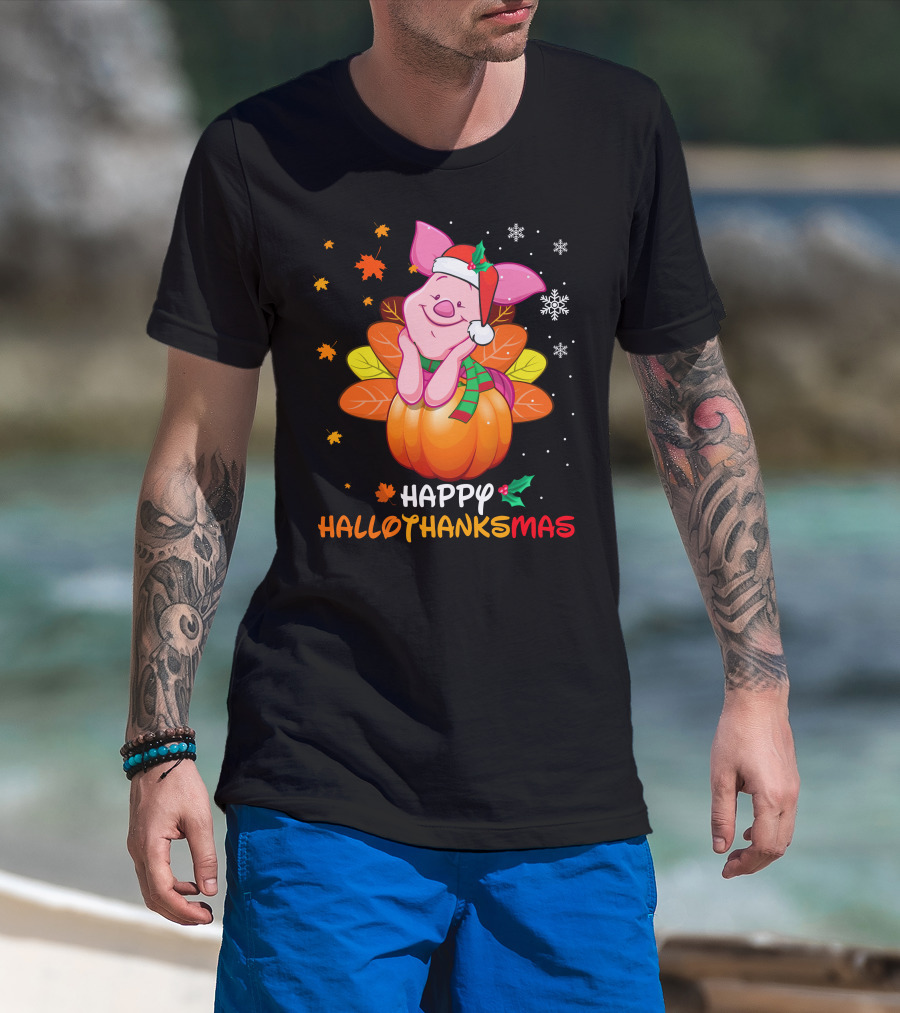 Happy Hallothanksmas Piglet In Pumpkin With Santa Hat And Scarf T-Shirt