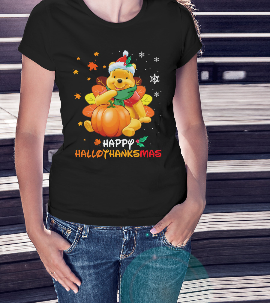 Happy Hallothanksmas Winnie Pumpkin Santa Hat Snowflakes T-Shirt