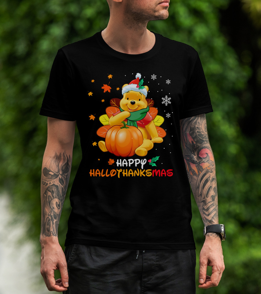Happy Hallothanksmas Winnie Pumpkin Santa Hat Snowflakes T-Shirt