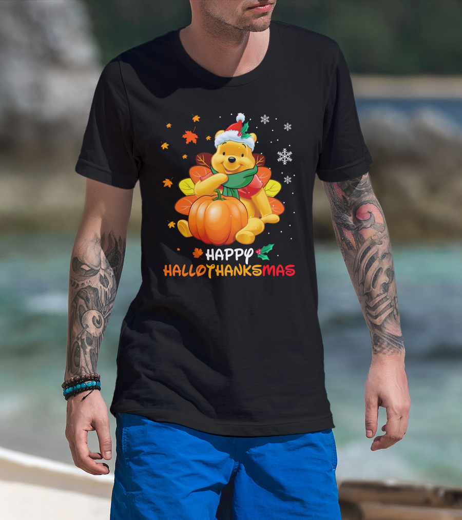 Happy Hallothanksmas Winnie Pumpkin Santa Hat Snowflakes T-Shirt