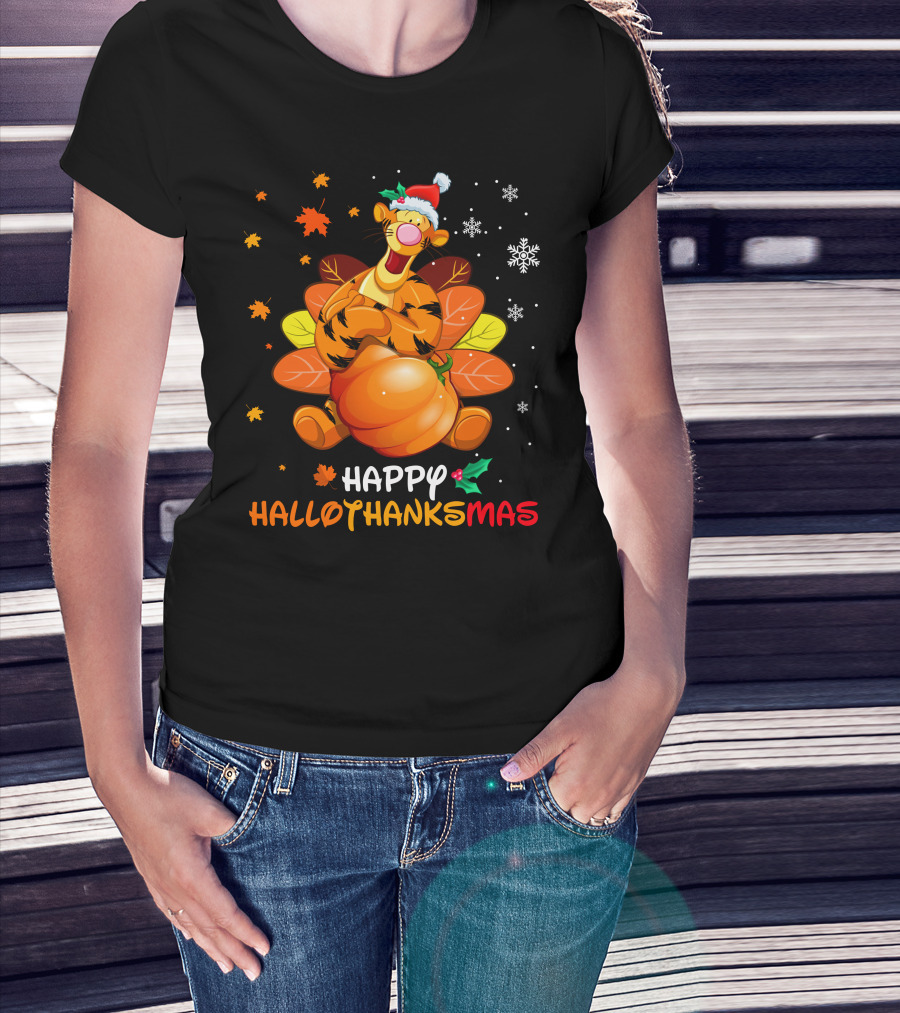 Happy Hallothanksmas Tg Tiger With Pumpkin Santa Hat And Turkey Feathers Snowflakes And Autumn Leaves T-Shirt