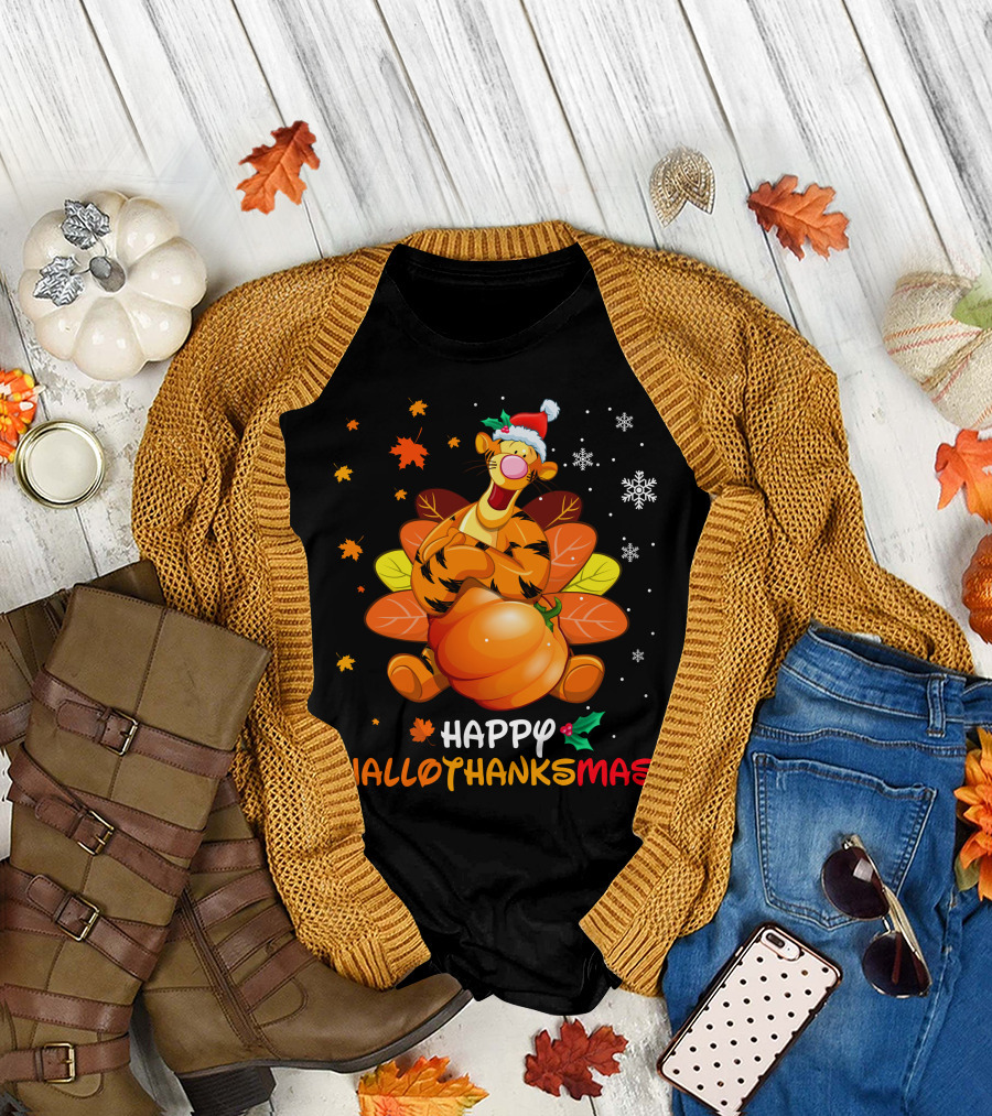 Happy Hallothanksmas Tg Tiger With Pumpkin Santa Hat And Turkey Feathers Snowflakes And Autumn Leaves T-Shirt