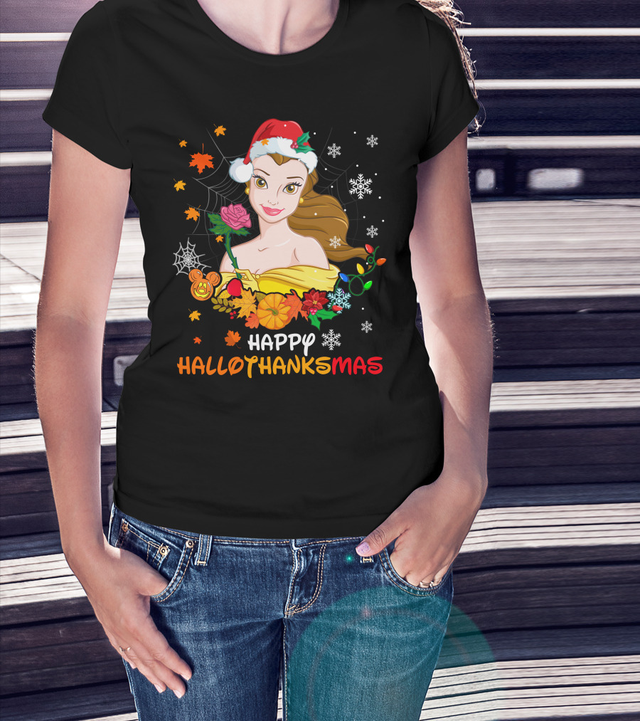 Happy Hallothanksmas - Belle In Santa Hat With Spider Webs Pumpkins And Lights T-Shirt