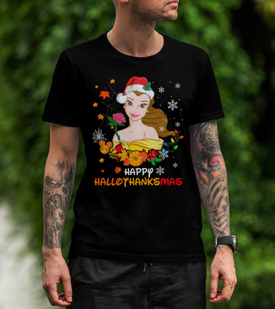 Happy Hallothanksmas - Belle In Santa Hat With Spider Webs Pumpkins And Lights T-Shirt