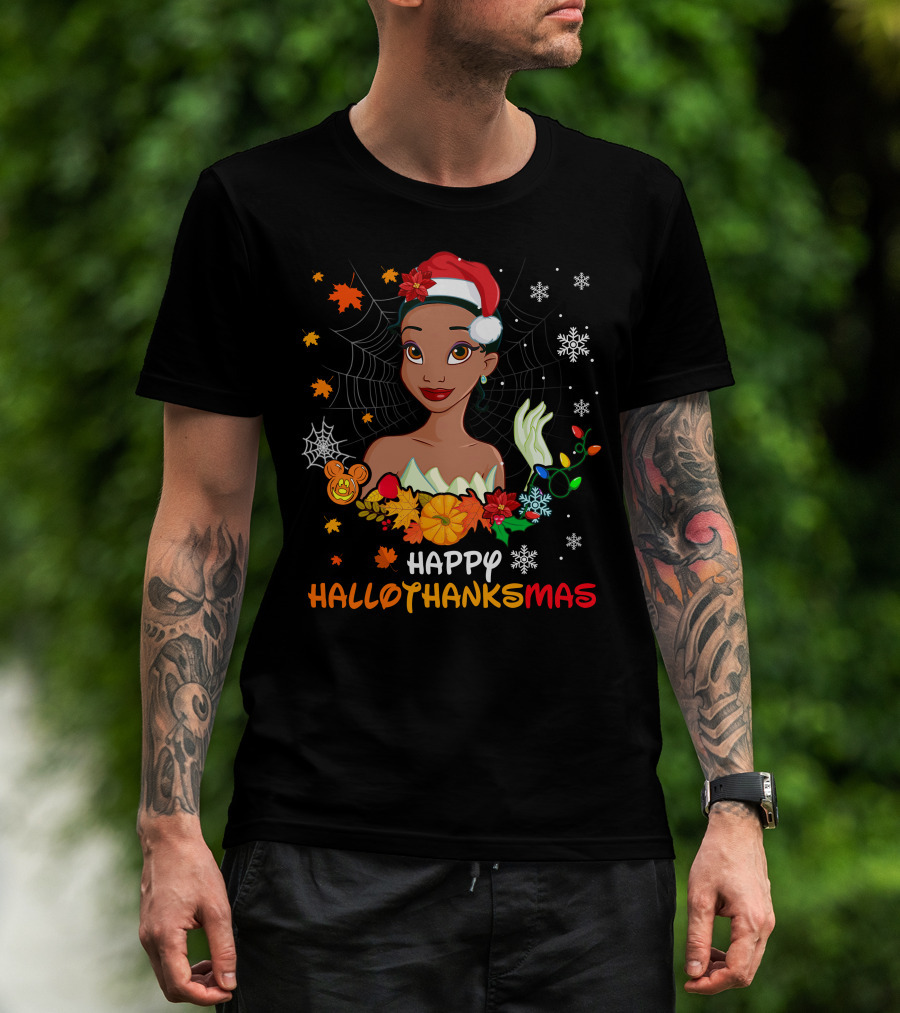 Happy Hallothanksmas Tiana Disney Princess With Santa Hat Spider Web And Holiday Decorations T-Shirt