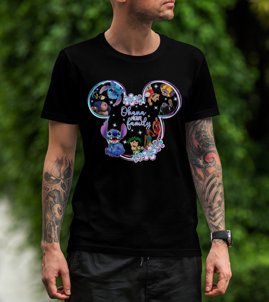 Ohana Means Family Stitch Mickey Ears Disney Characters Floral T-Shirt