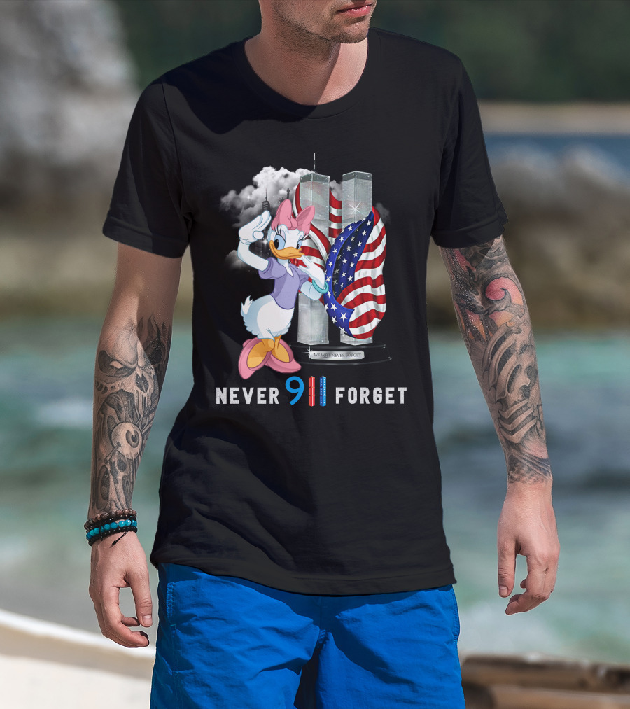 Never 9 11 Forget Daisy Twin Towers American Flag T-Shirt