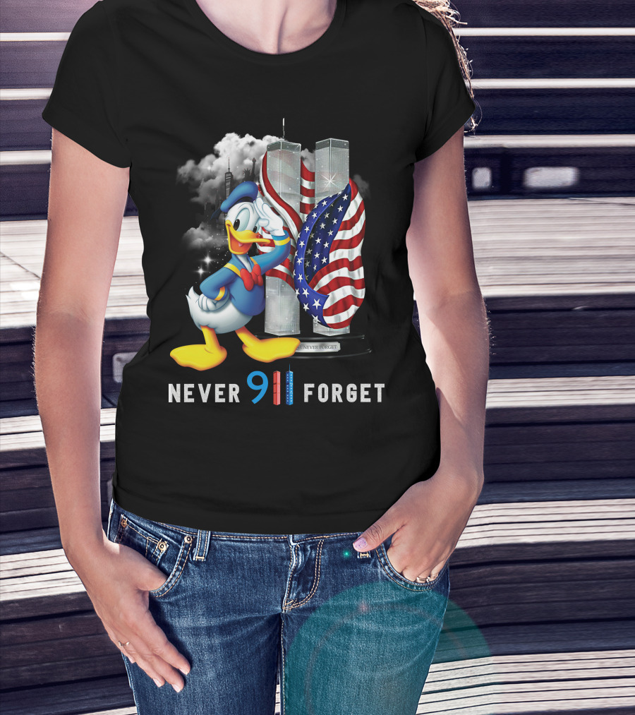 Donald Duck Never 9/11 Forget Twin Towers American Flag T-Shirt