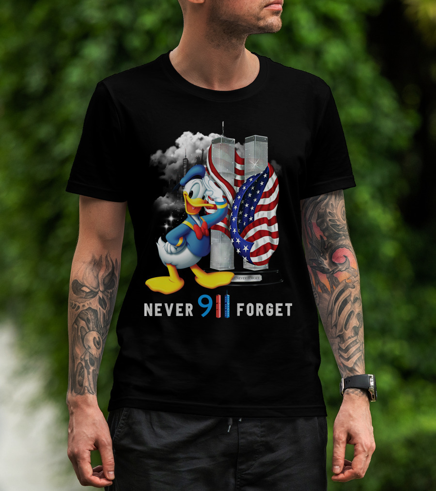 Donald Duck Never 9/11 Forget Twin Towers American Flag T-Shirt