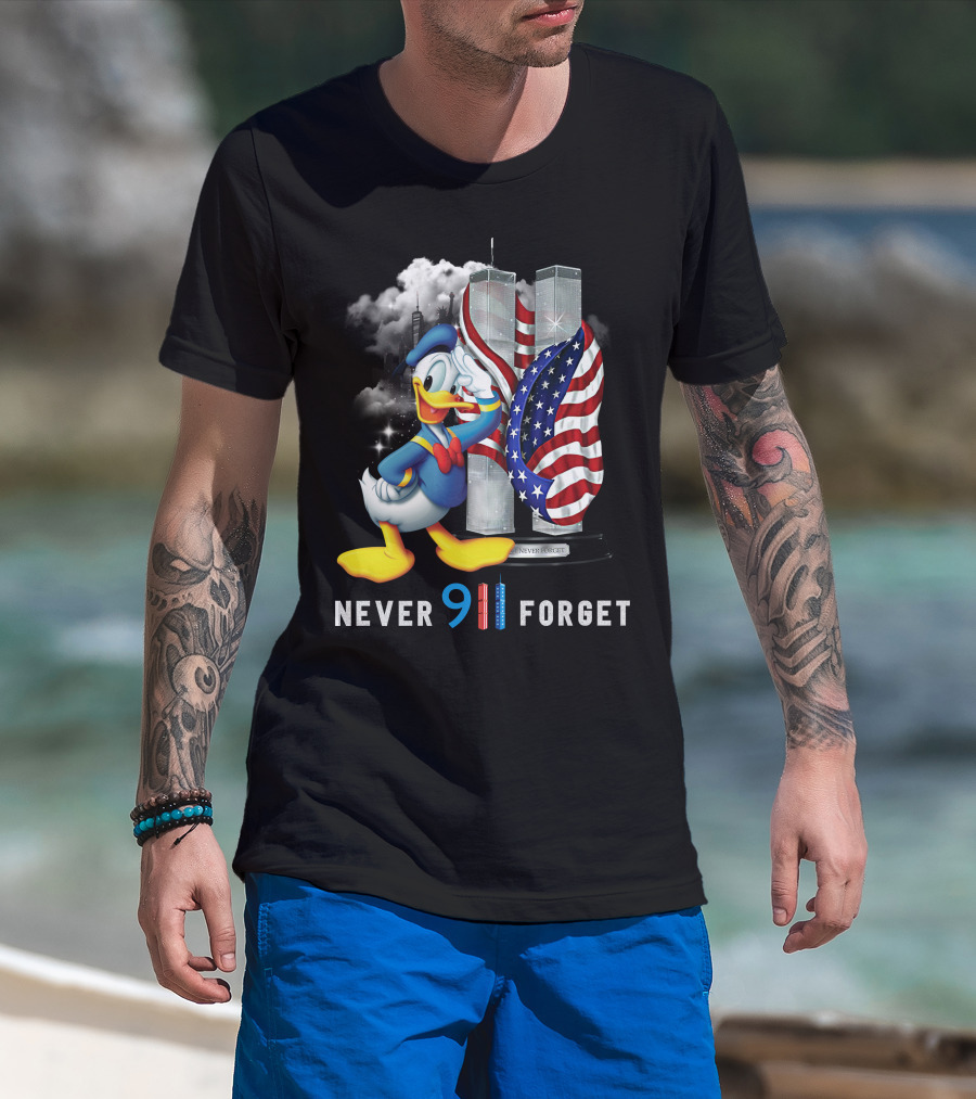 Donald Duck Never 9/11 Forget Twin Towers American Flag T-Shirt