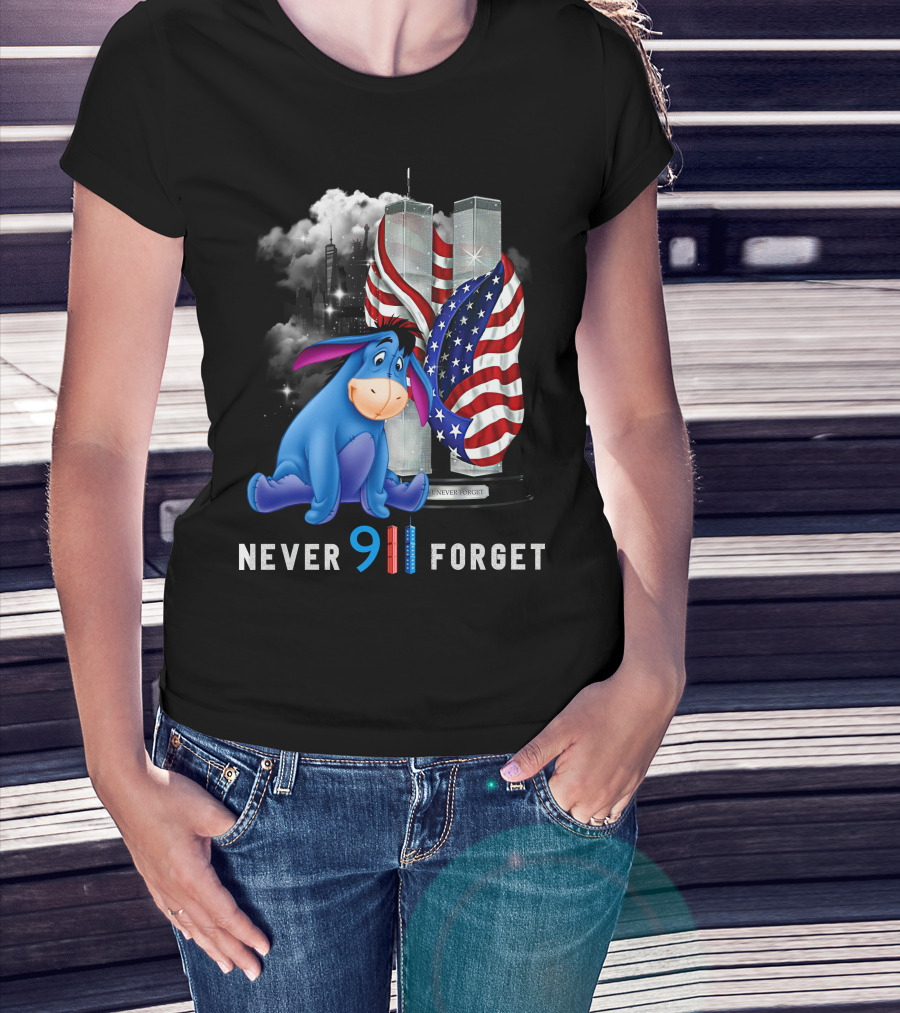 Eeyore Never 9/11 Forget Twin Towers American Flag T-Shirt