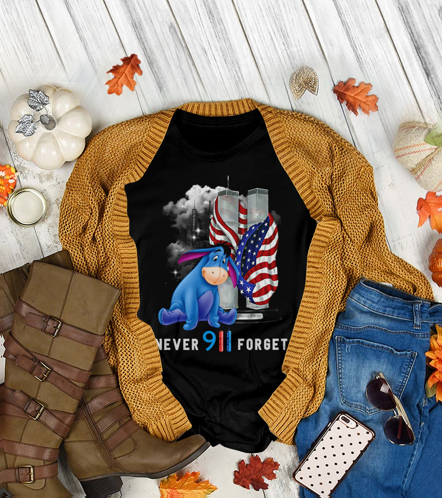 Eeyore Never 9/11 Forget Twin Towers American Flag T-Shirt