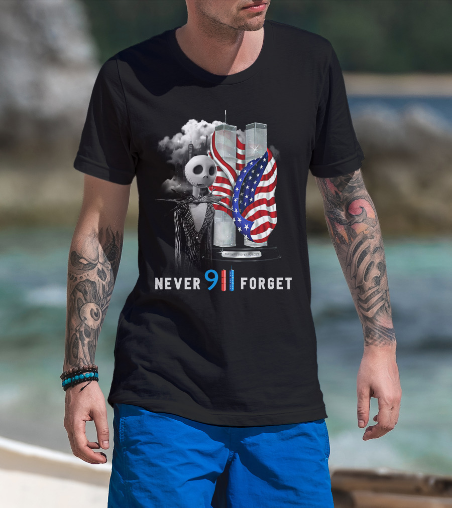 Jack Skellington Never 911 Forget Twin Towers American Flag Tribute T-Shirt