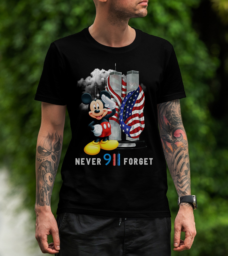 Never 9/11 Forget Mickey Twin Towers American Flag T-Shirt