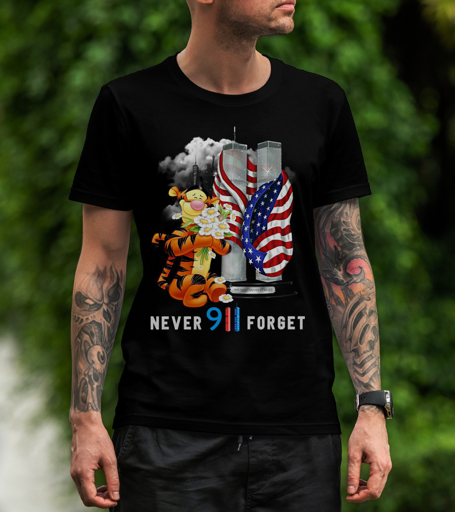 Never 911 Forget Tigger Holding Flowers Twin Towers American Flag T-Shirt
