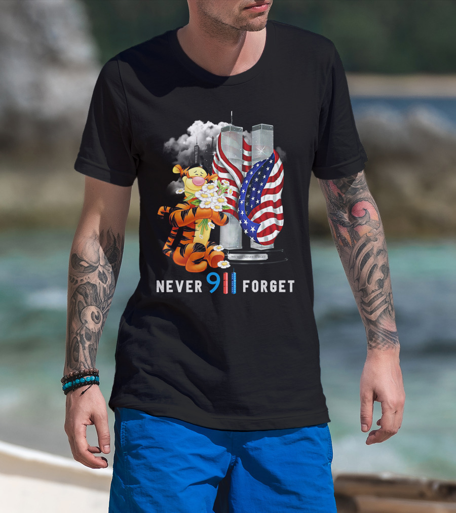 Never 911 Forget Tigger Holding Flowers Twin Towers American Flag T-Shirt