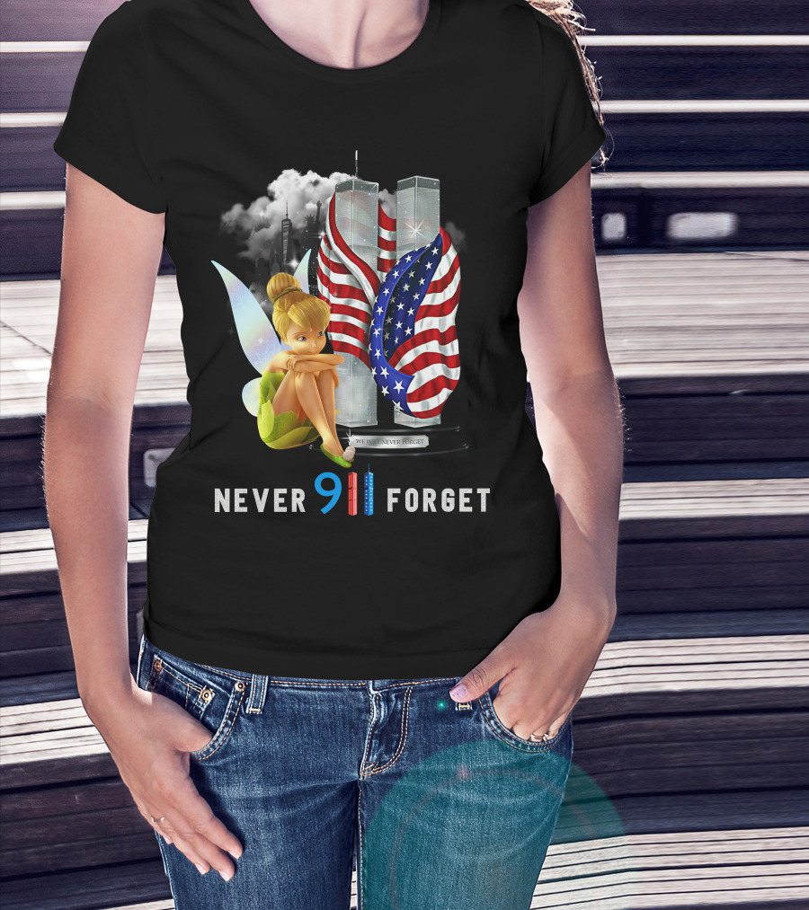 Tinker Bell Never 9/11 Forget Twin Towers American Flag Memorial T-Shirt