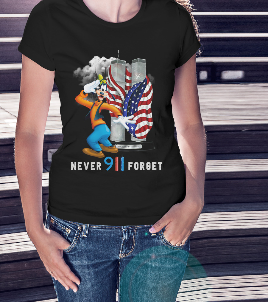Never 911 Forget Goofy-D Twin Towers Salute American Flag T-Shirt