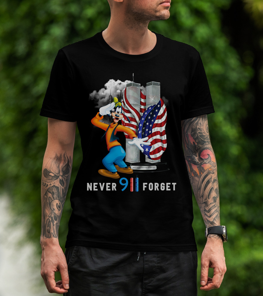 Never 911 Forget Goofy-D Twin Towers Salute American Flag T-Shirt