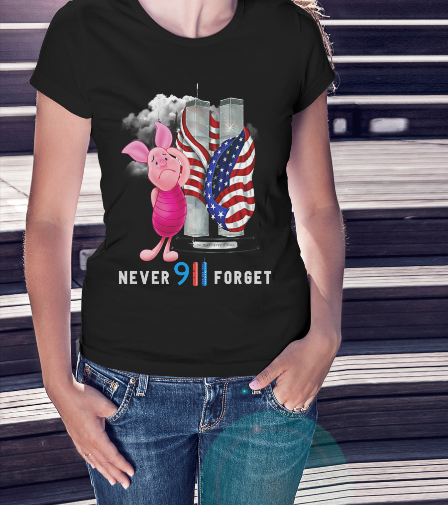 Never 9 11 Forget Piglet Twin Towers American Flag T-Shirt