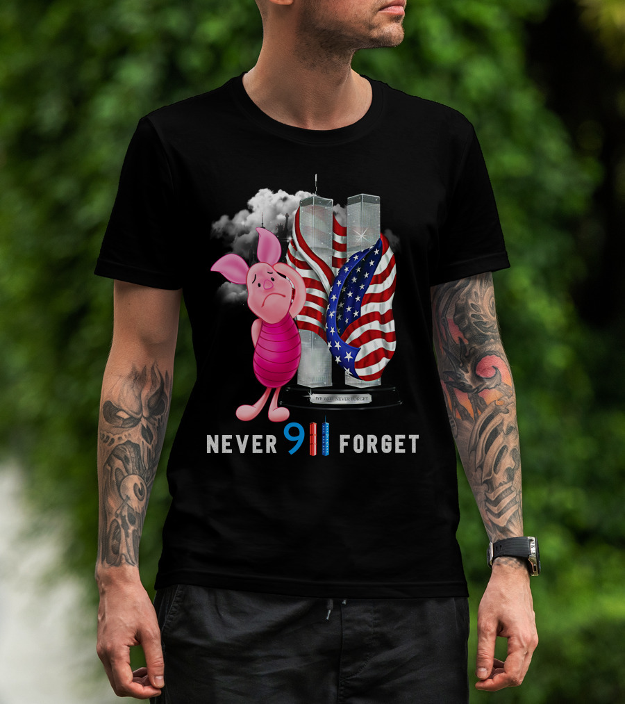 Never 9 11 Forget Piglet Twin Towers American Flag T-Shirt