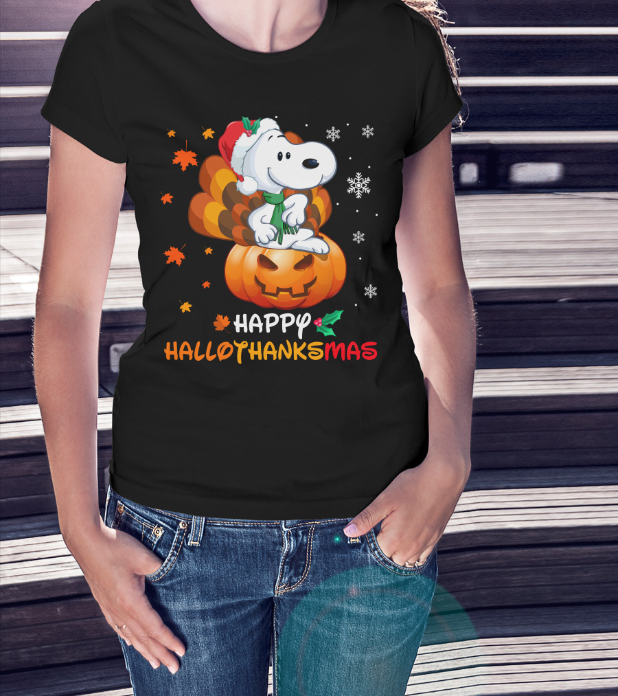 Happy Hallothanksmas Snoopy Christmas Pumpkin Turkey Leaves Snowflakes T-Shirt