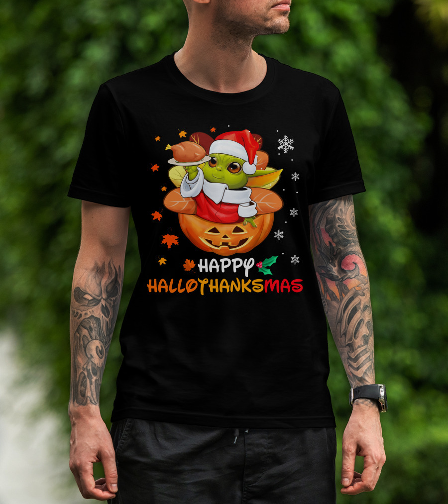 Happy Hallothanksmas Baby Yoda Santa Pumpkin Turkey T-Shirt